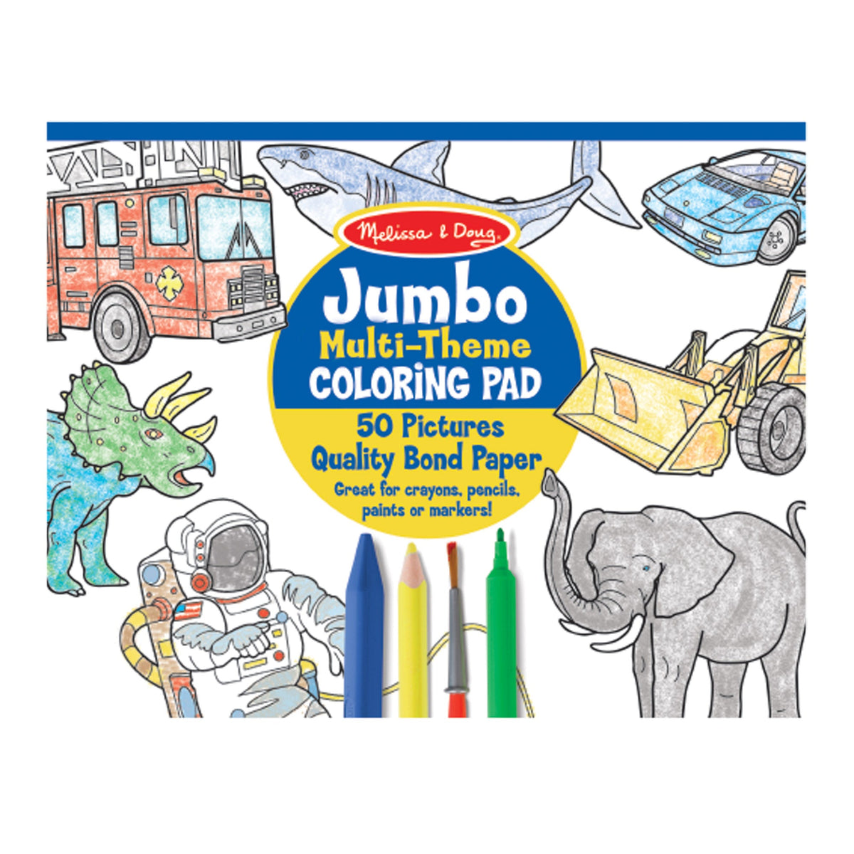 Jumbo 50-Page Kids' Coloring Pad - Space, Sharks, Sports, and More